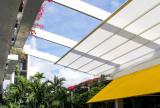 Retractable awning, partially retracted