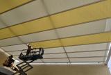 Yellow and white swagged fabric panels